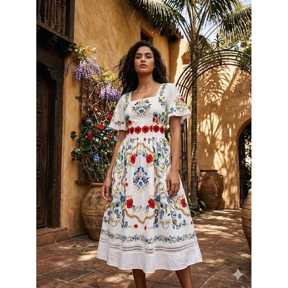 by Megyn Mediterranean Floral Eyelet‎ Midi Dress XXL White Cottagecore Boho Lace